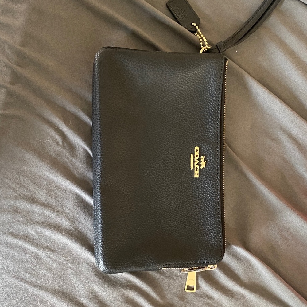 Coach Black Leather Wristlet with Gold Accents